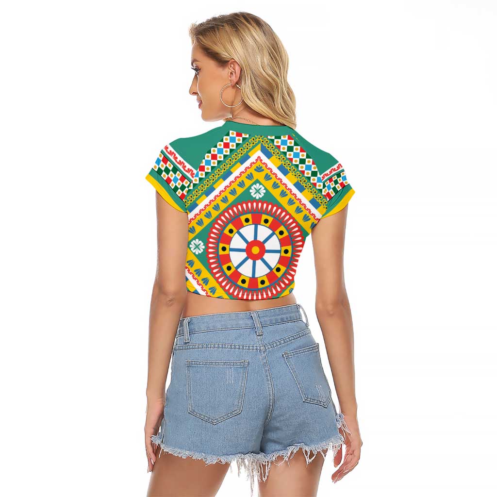 Sicily Italy Carretto Siciliano Raglan Cropped T Shirt Green Sicilian Cart Wheel Pattern