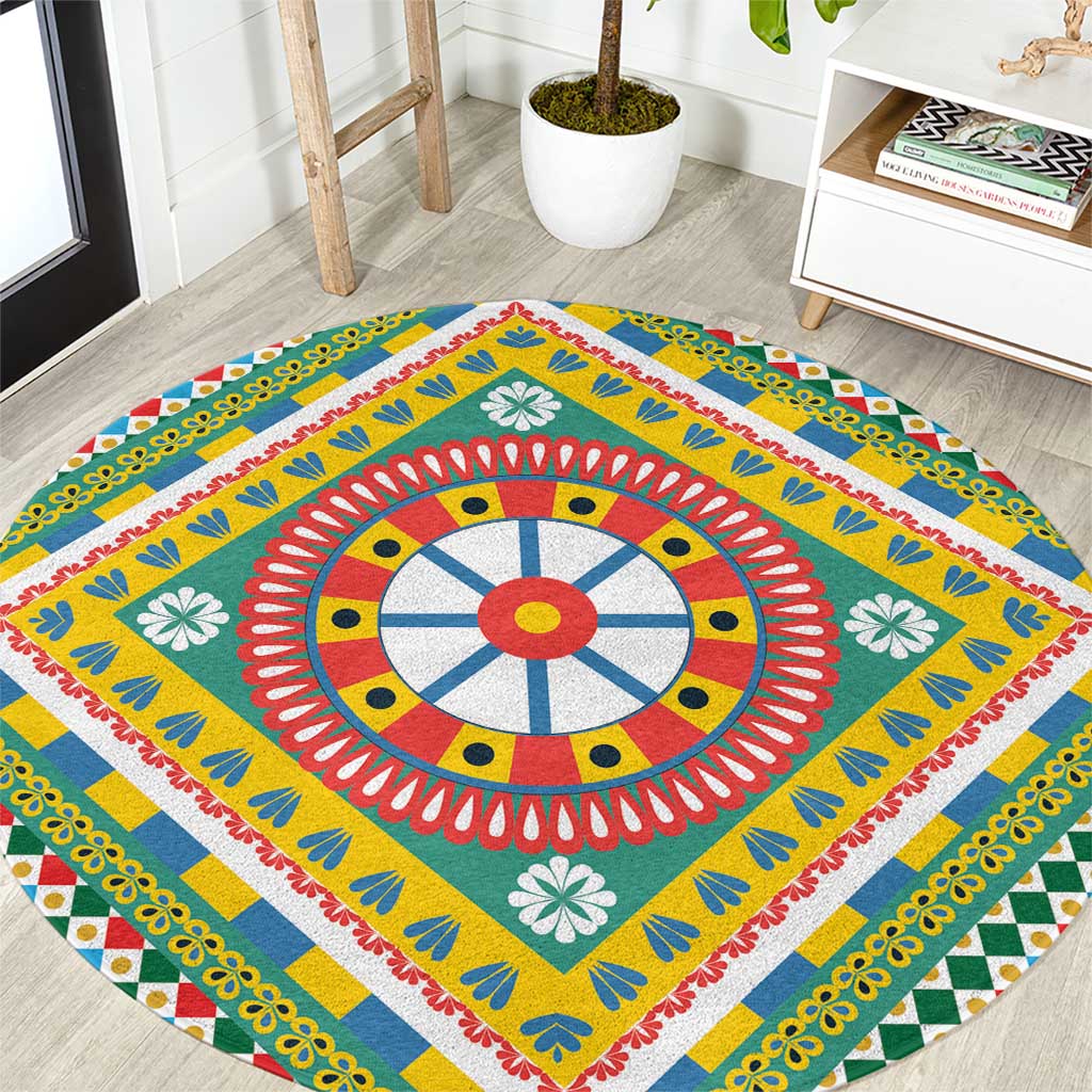 Sicily Italy Carretto Siciliano Round Carpet Green Sicilian Cart Wheel Pattern