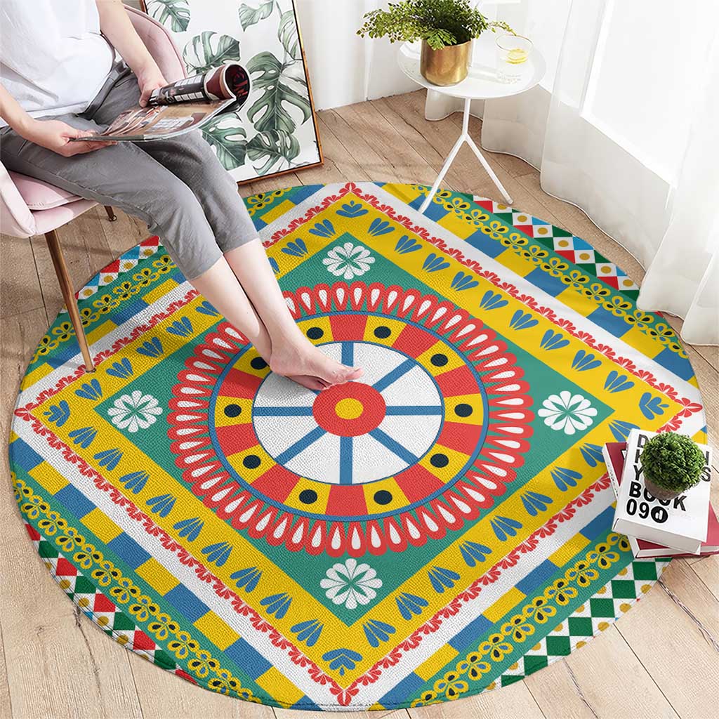 Sicily Italy Carretto Siciliano Round Carpet Green Sicilian Cart Wheel Pattern