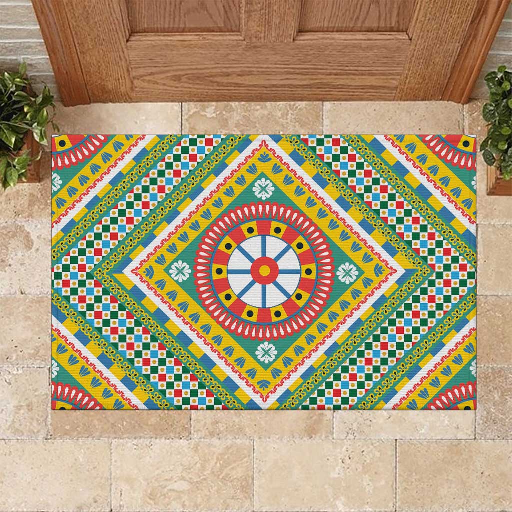 Sicily Italy Carretto Siciliano Rubber Doormat Green Sicilian Cart Wheel Pattern