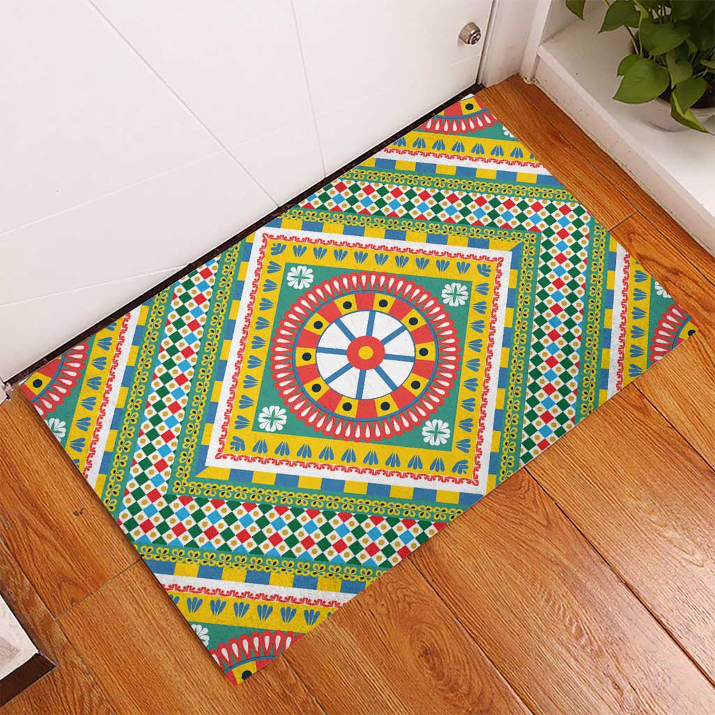 Sicily Italy Carretto Siciliano Rubber Doormat Green Sicilian Cart Wheel Pattern
