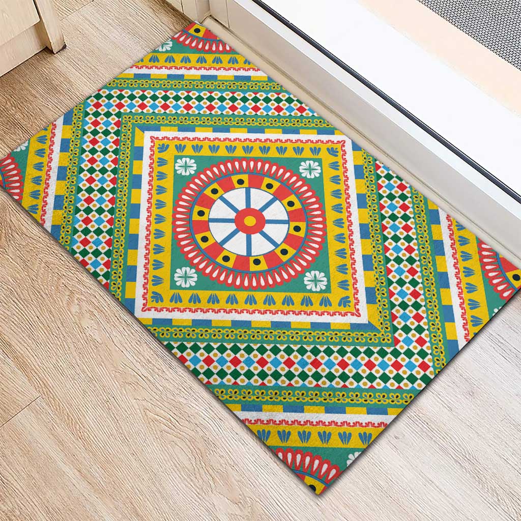 Sicily Italy Carretto Siciliano Rubber Doormat Green Sicilian Cart Wheel Pattern