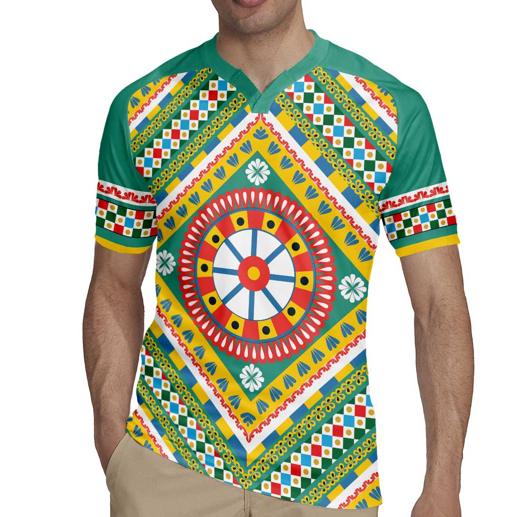 Sicily Italy Carretto Siciliano Rugby Jersey Green Sicilian Cart Wheel Pattern