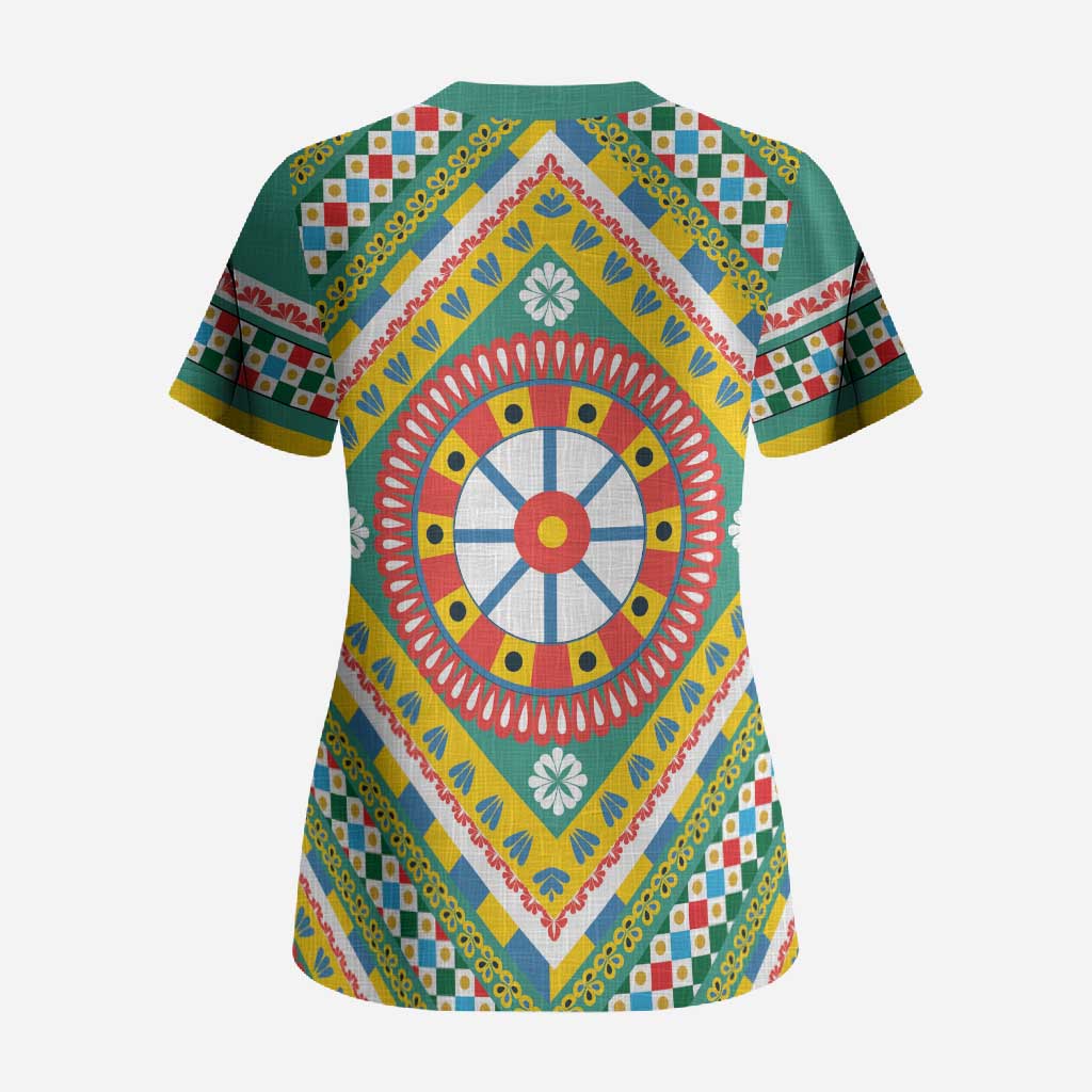 Sicily Italy Carretto Siciliano Scrub Top Green Sicilian Cart Wheel Pattern