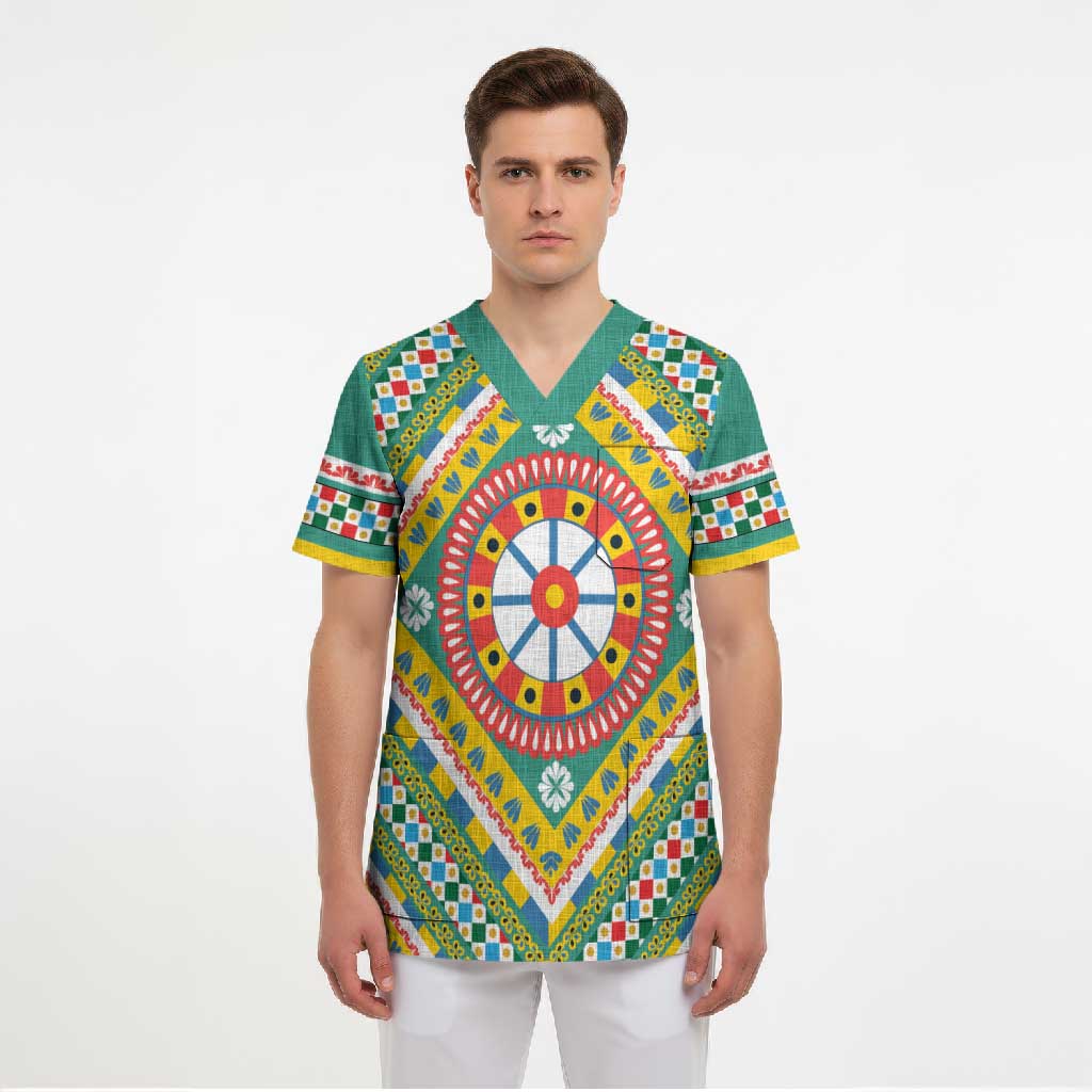 Sicily Italy Carretto Siciliano Scrub Top Green Sicilian Cart Wheel Pattern