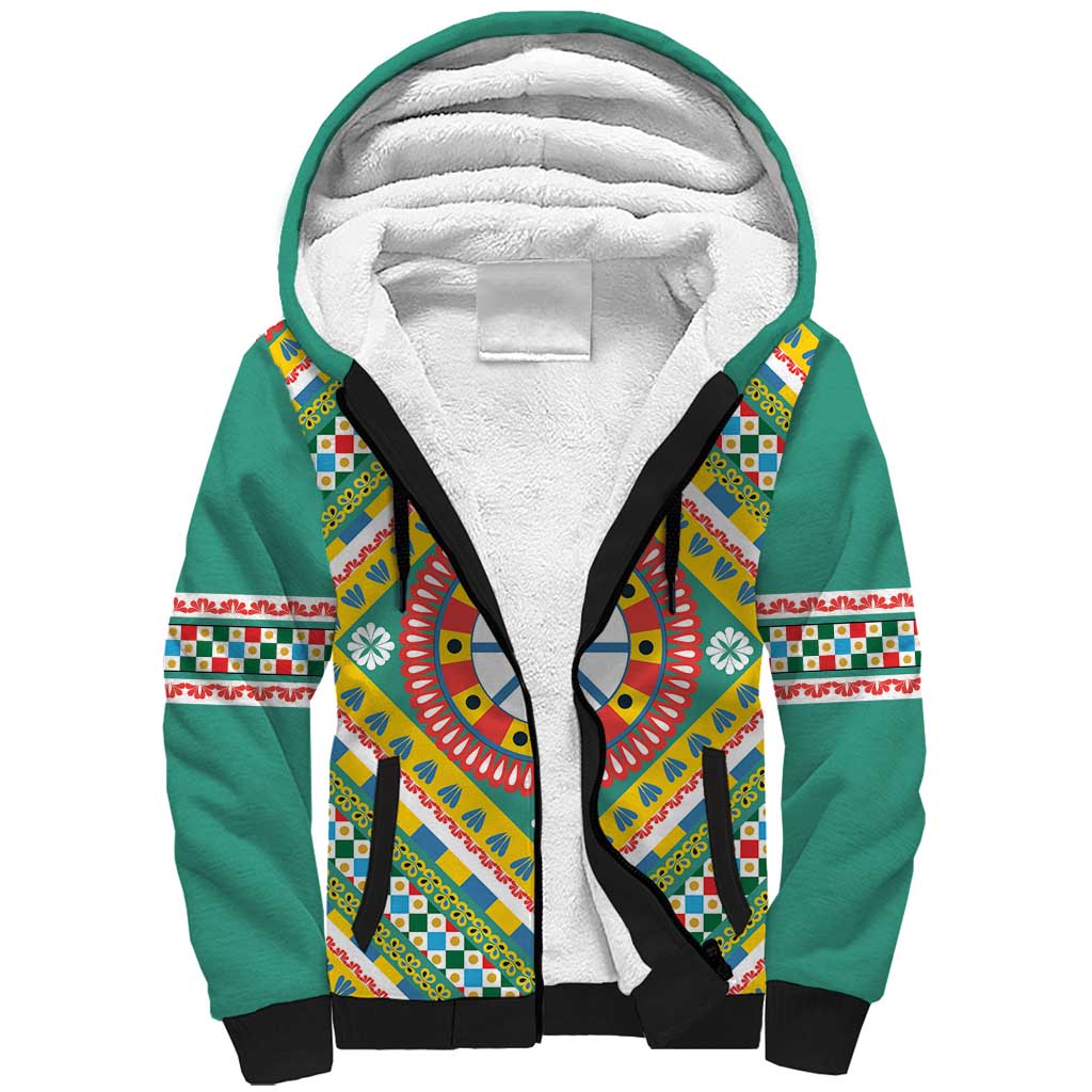 Sicily Italy Carretto Siciliano Sherpa Hoodie Green Sicilian Cart Wheel Pattern