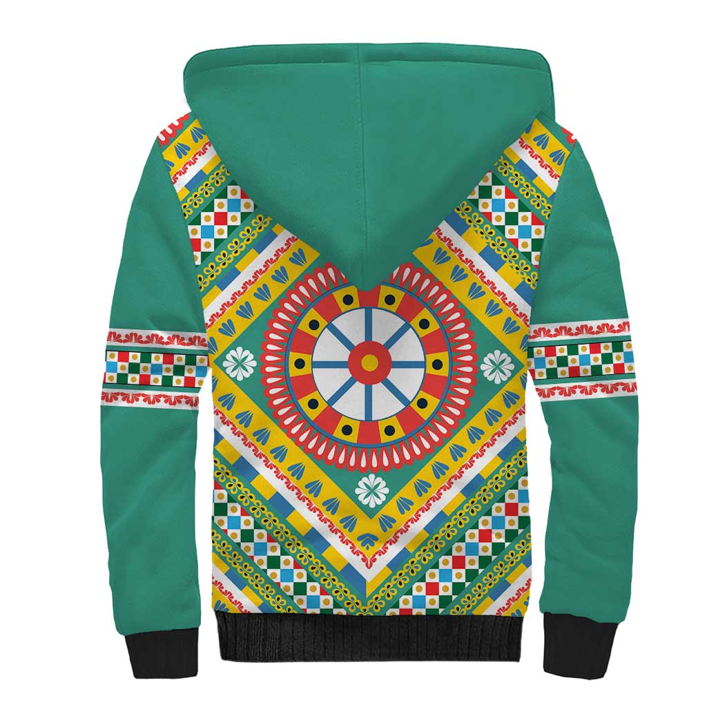 Sicily Italy Carretto Siciliano Sherpa Hoodie Green Sicilian Cart Wheel Pattern