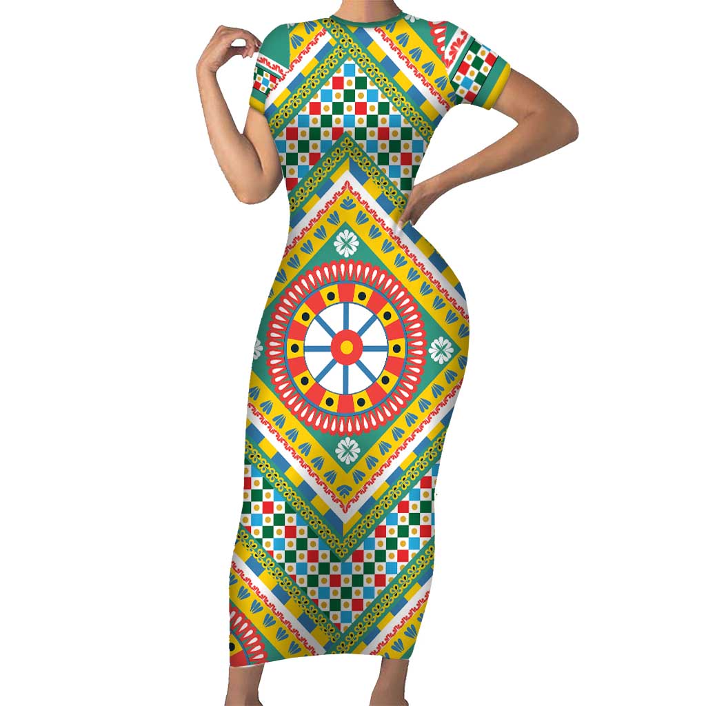 Sicily Italy Carretto Siciliano Short Sleeve Bodycon Dress Green Sicilian Cart Wheel Pattern