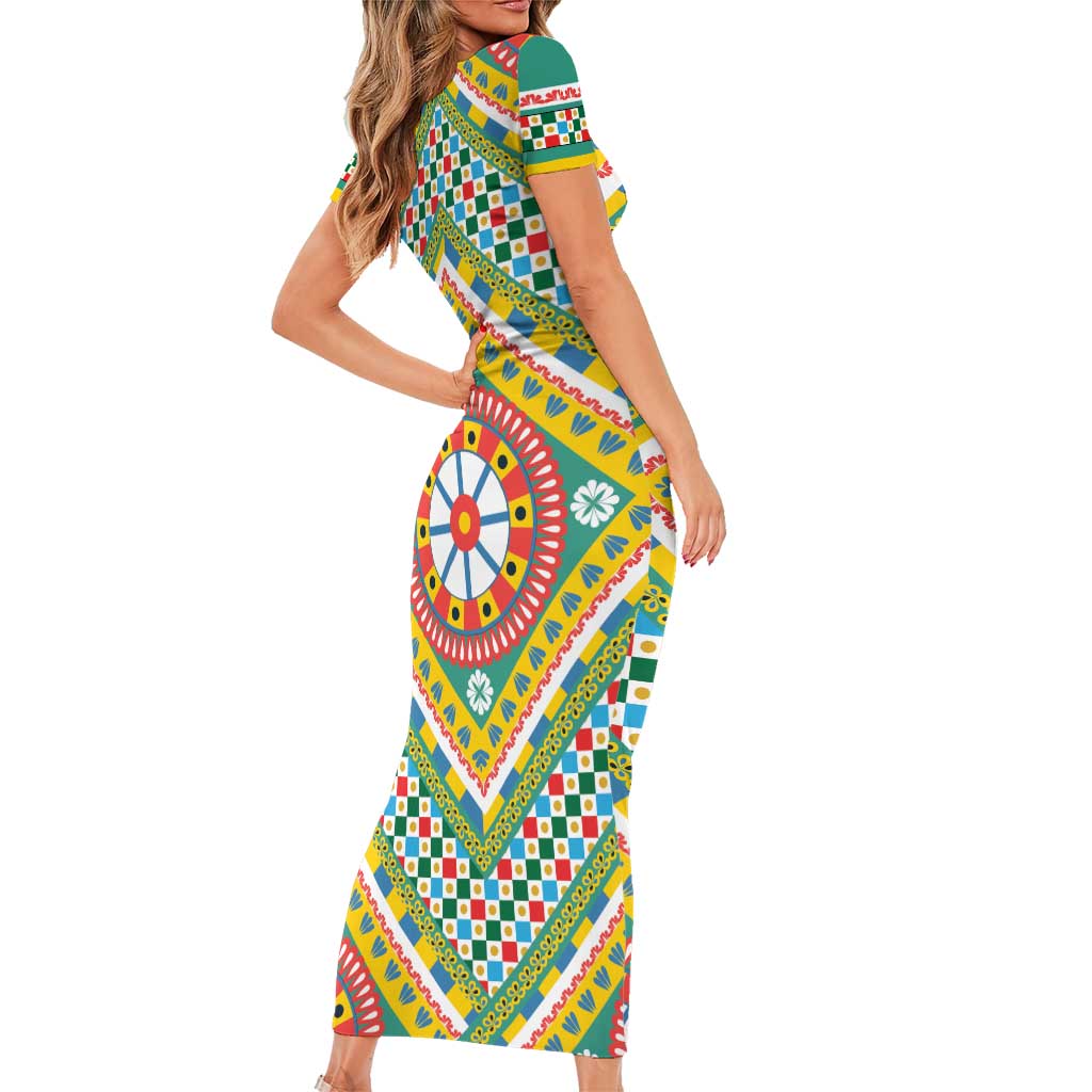 Sicily Italy Carretto Siciliano Short Sleeve Bodycon Dress Green Sicilian Cart Wheel Pattern