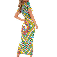 Sicily Italy Carretto Siciliano Short Sleeve Bodycon Dress Green Sicilian Cart Wheel Pattern