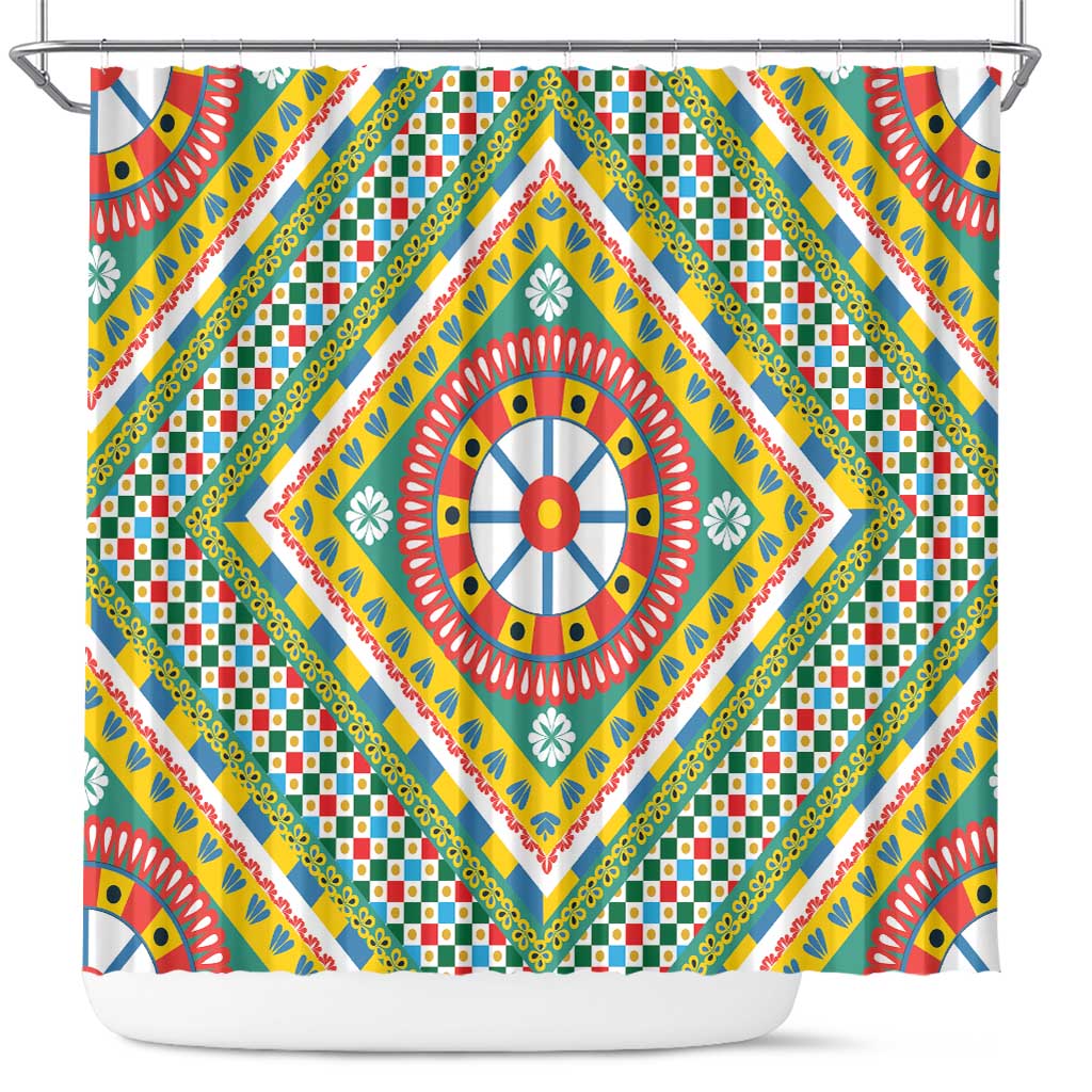 Sicily Italy Carretto Siciliano Shower Curtain Green Sicilian Cart Wheel Pattern