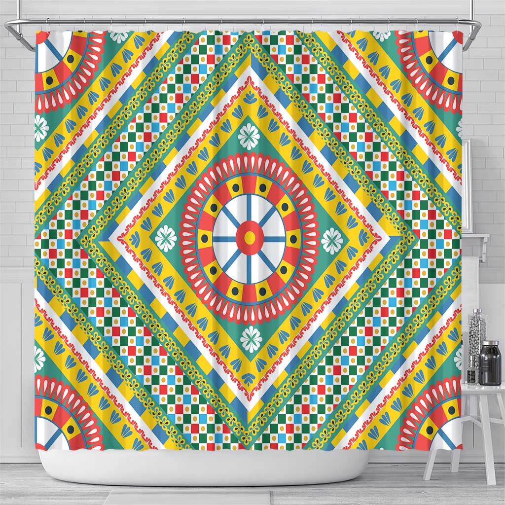 Sicily Italy Carretto Siciliano Shower Curtain Green Sicilian Cart Wheel Pattern