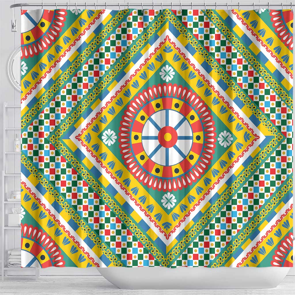 Sicily Italy Carretto Siciliano Shower Curtain Green Sicilian Cart Wheel Pattern
