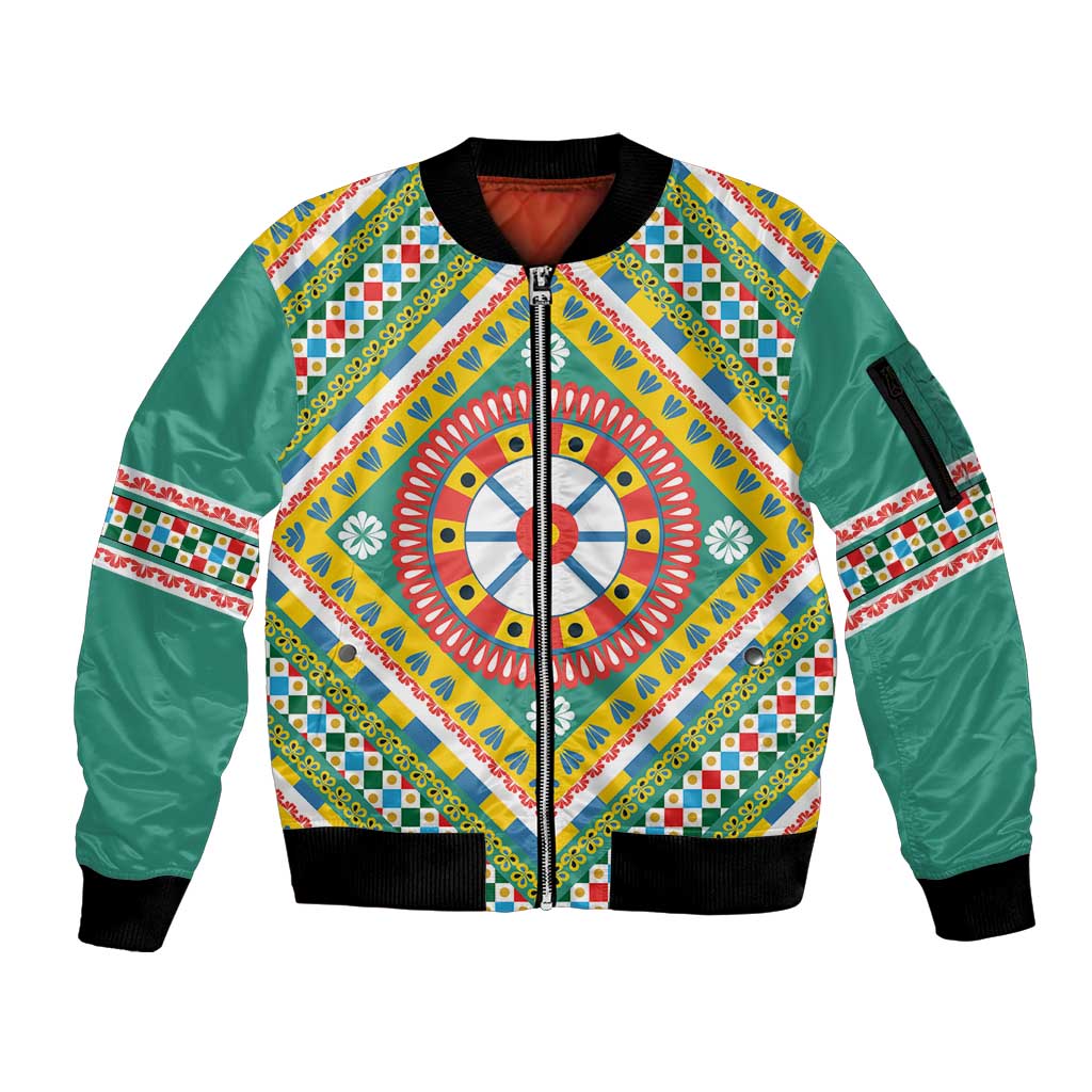Sicily Italy Carretto Siciliano Sleeve Zip Bomber Jacket Green Sicilian Cart Wheel Pattern