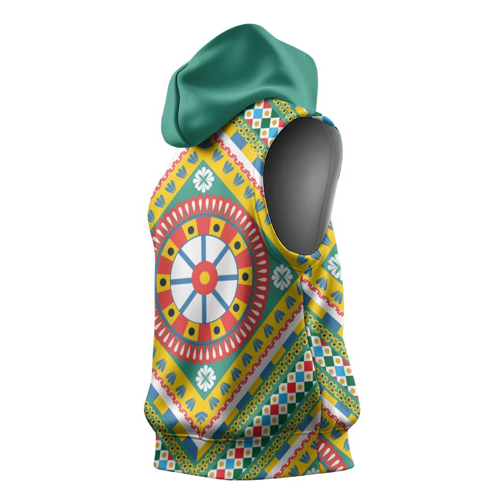 Sicily Italy Carretto Siciliano Sleeveless Hoodie Green Sicilian Cart Wheel Pattern