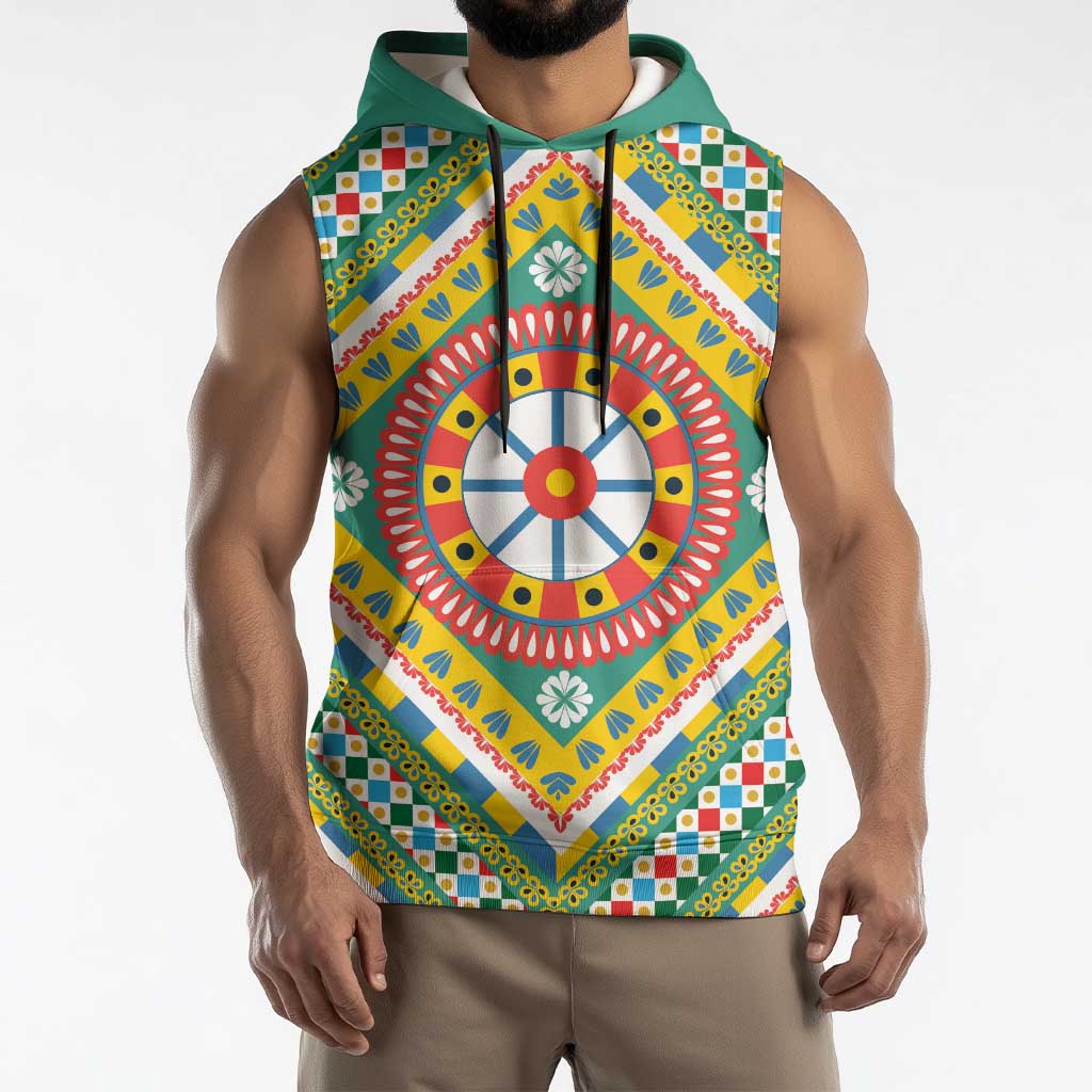 Sicily Italy Carretto Siciliano Sleeveless Hoodie Green Sicilian Cart Wheel Pattern