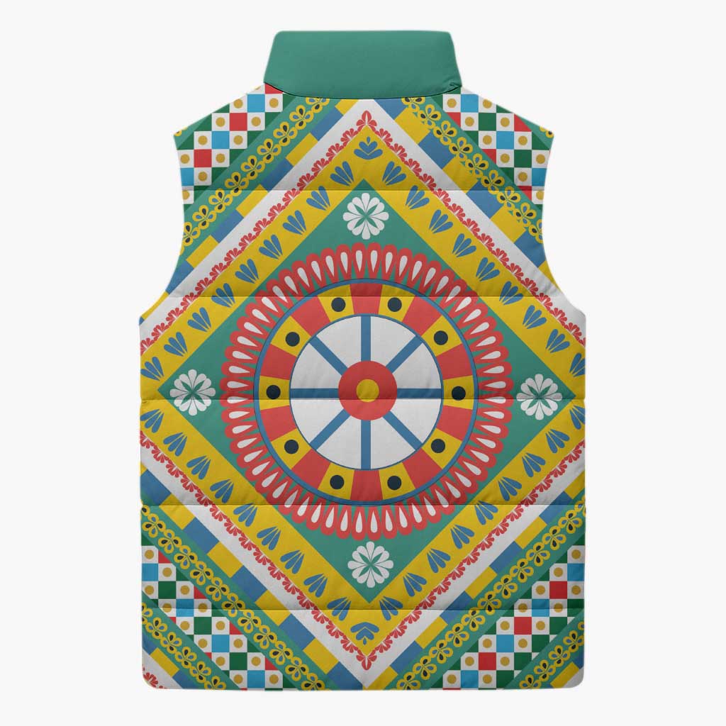 Sicily Italy Carretto Siciliano Sleeveless Puffer Jacket Green Sicilian Cart Wheel Pattern