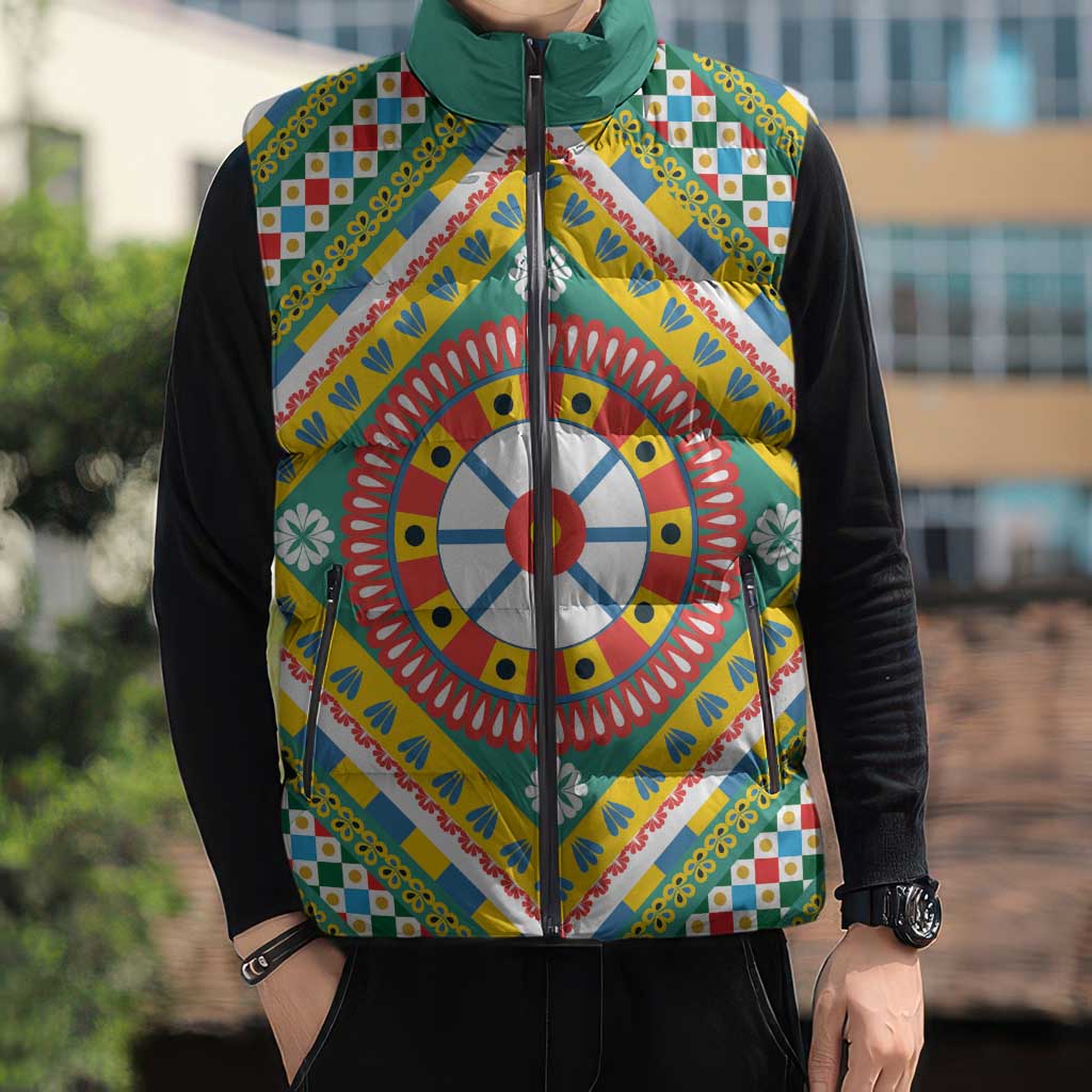 Sicily Italy Carretto Siciliano Sleeveless Puffer Jacket Green Sicilian Cart Wheel Pattern