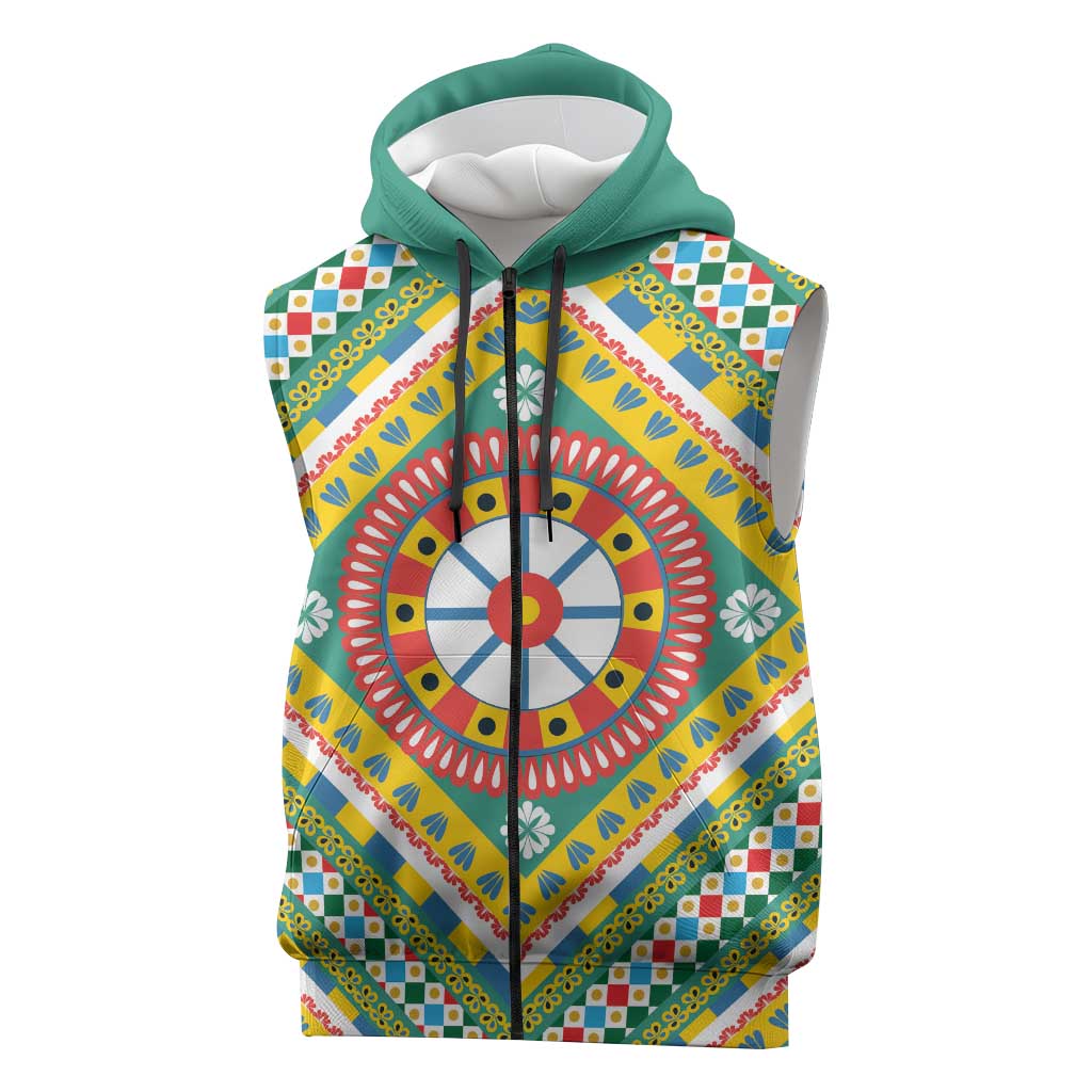 Sicily Italy Carretto Siciliano Sleeveless Zip Hoodie Green Sicilian Cart Wheel Pattern