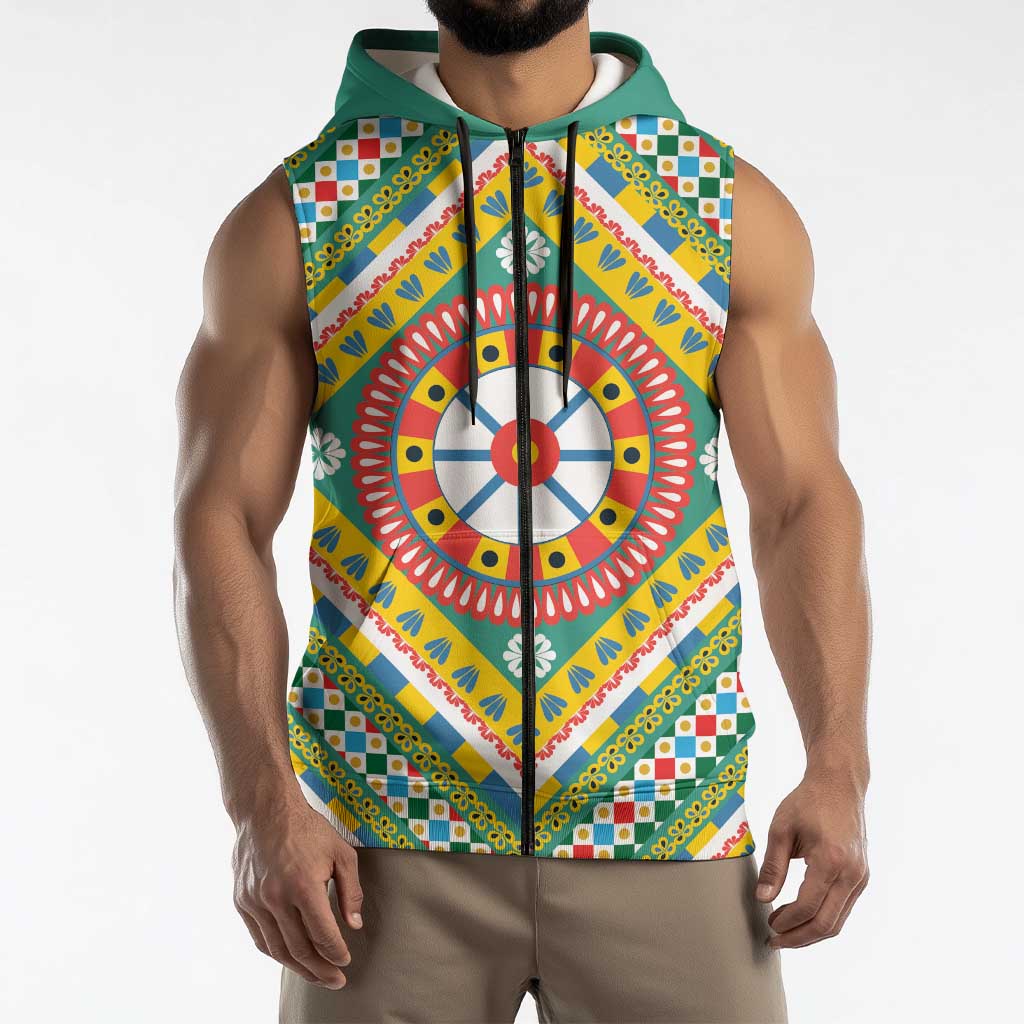 Sicily Italy Carretto Siciliano Sleeveless Zip Hoodie Green Sicilian Cart Wheel Pattern