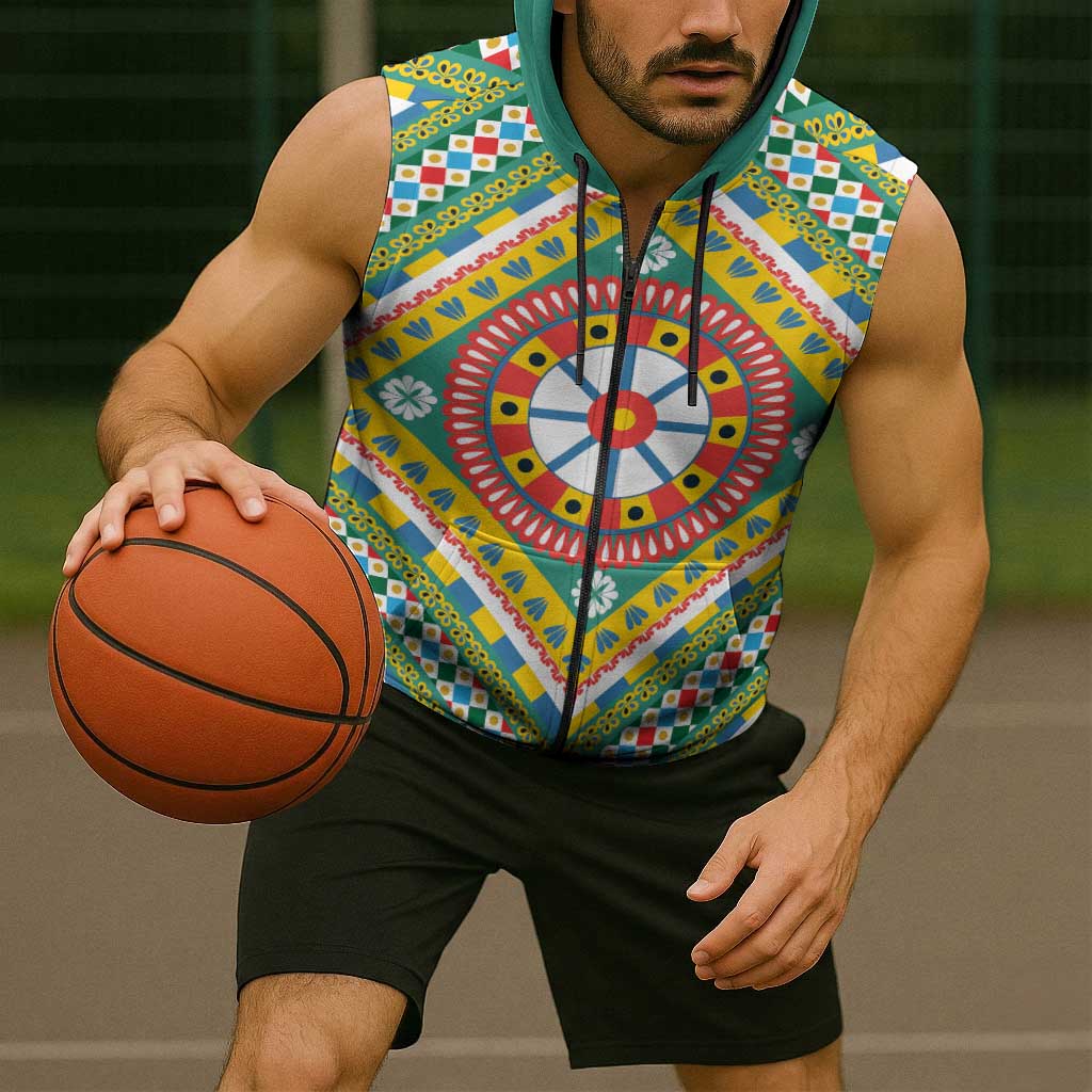 Sicily Italy Carretto Siciliano Sleeveless Zip Hoodie Green Sicilian Cart Wheel Pattern