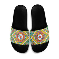 Sicily Italy Carretto Siciliano Slide Sandals Green Sicilian Cart Wheel Pattern