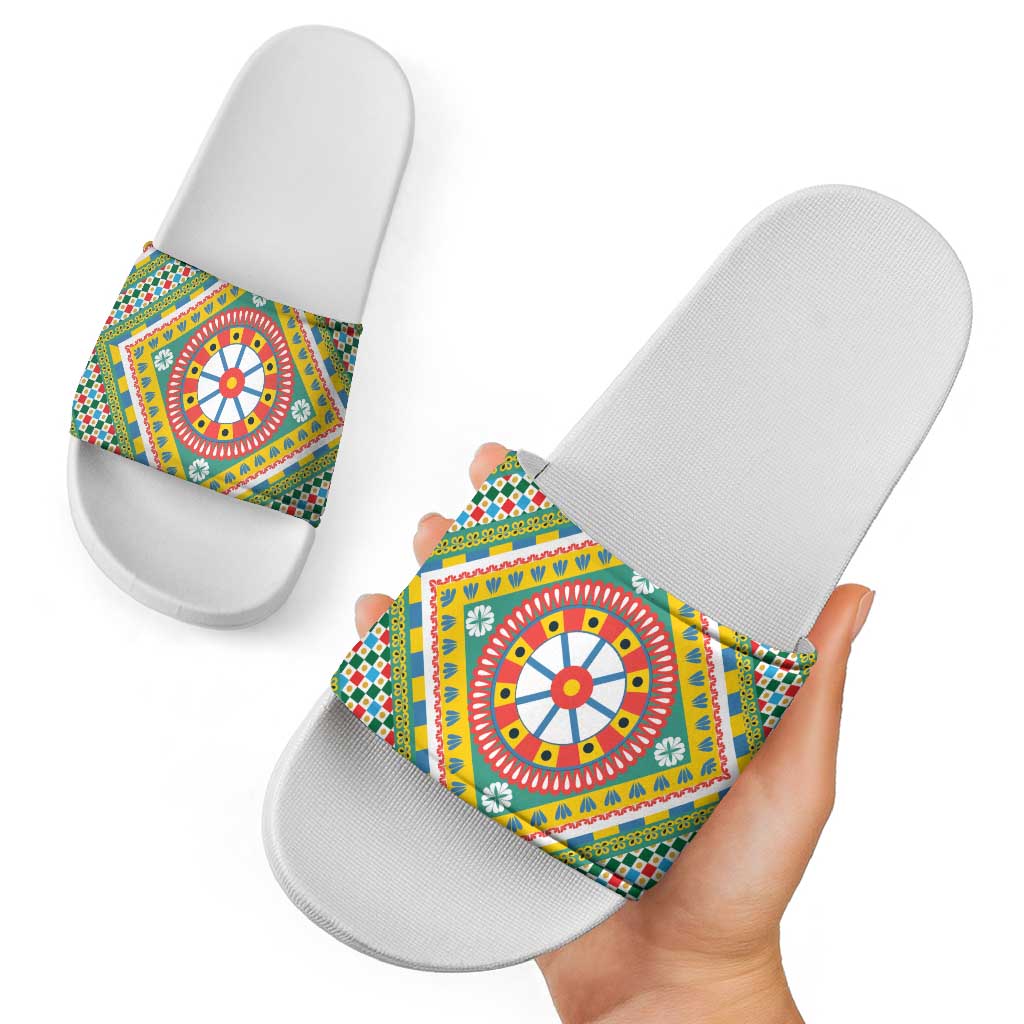Sicily Italy Carretto Siciliano Slide Sandals Green Sicilian Cart Wheel Pattern