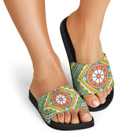 Sicily Italy Carretto Siciliano Slide Sandals Green Sicilian Cart Wheel Pattern
