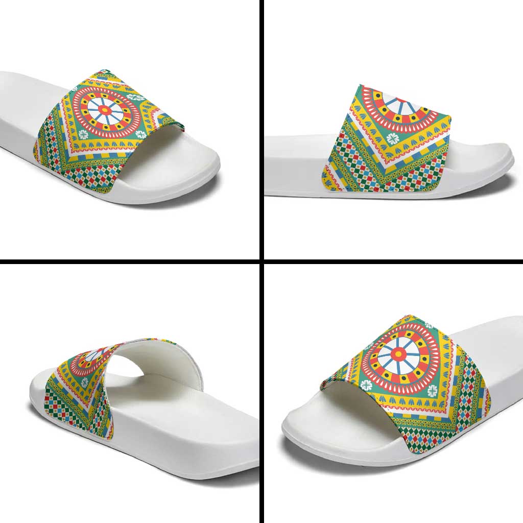 Sicily Italy Carretto Siciliano Slide Sandals Green Sicilian Cart Wheel Pattern