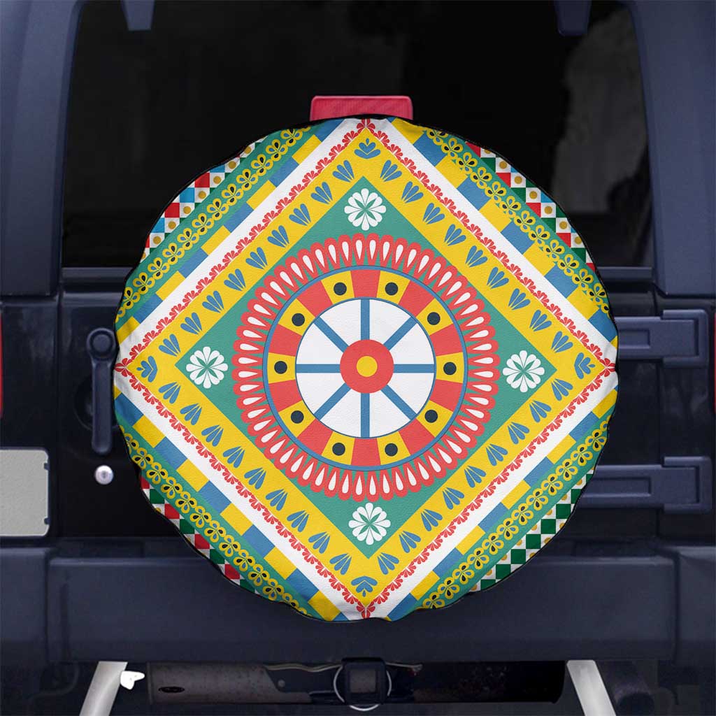 Sicily Italy Carretto Siciliano Spare Tire Cover Green Sicilian Cart Wheel Pattern