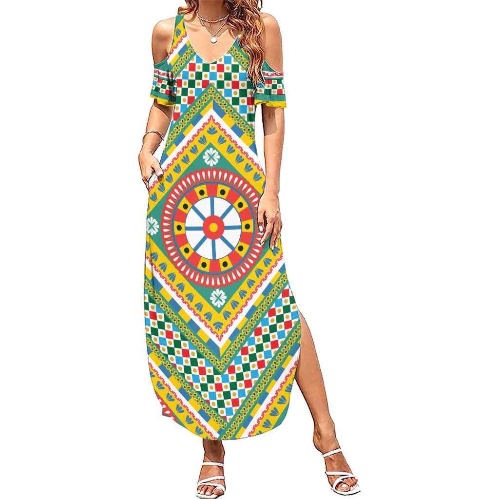 Sicily Italy Carretto Siciliano Summer Maxi Dress Green Sicilian Cart Wheel Pattern