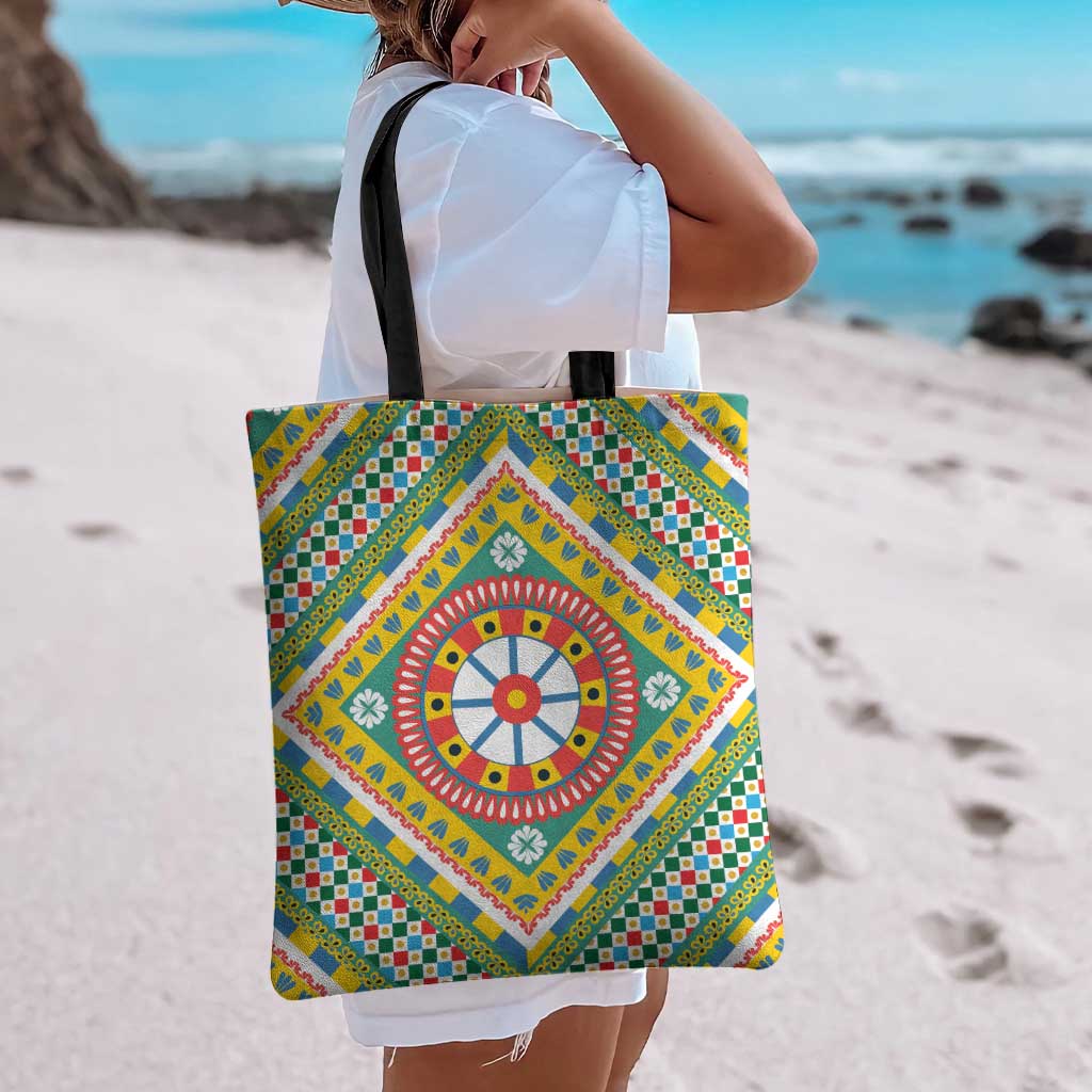 Sicily Italy Carretto Siciliano Tote Bag Green Sicilian Cart Wheel Pattern