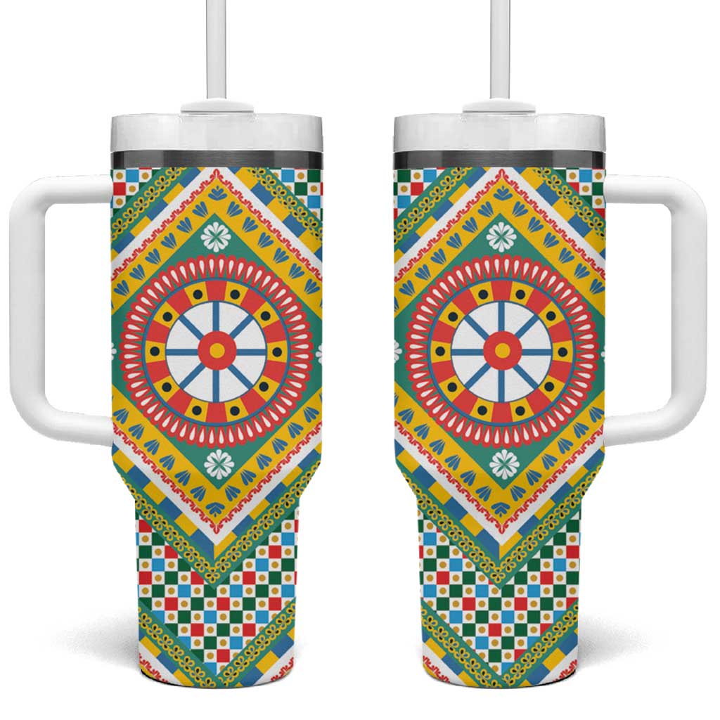 Sicily Italy Carretto Siciliano Tumbler With Handle Green Sicilian Cart Wheel Pattern