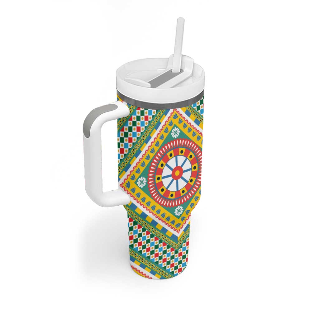 Sicily Italy Carretto Siciliano Tumbler With Handle Green Sicilian Cart Wheel Pattern