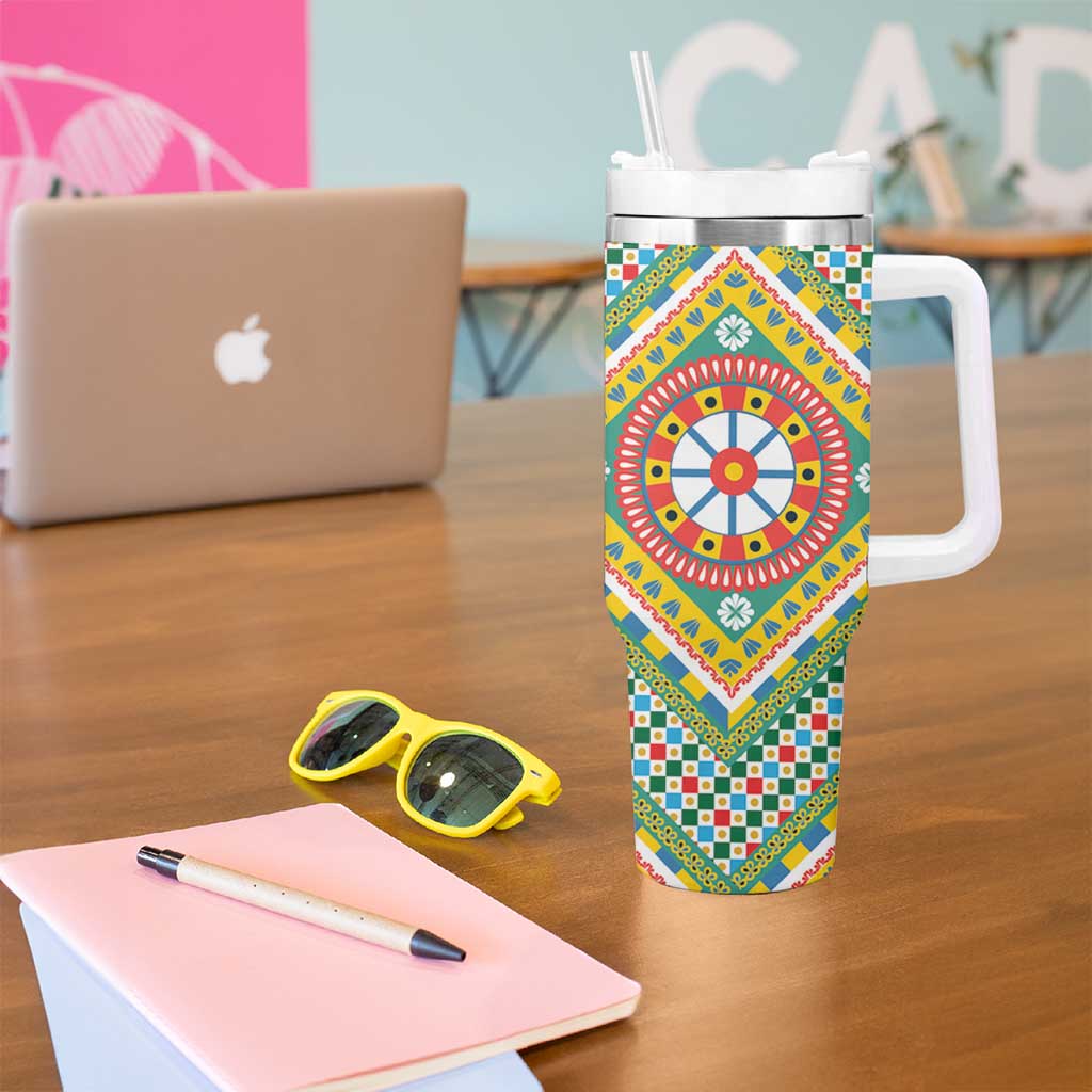 Sicily Italy Carretto Siciliano Tumbler With Handle Green Sicilian Cart Wheel Pattern