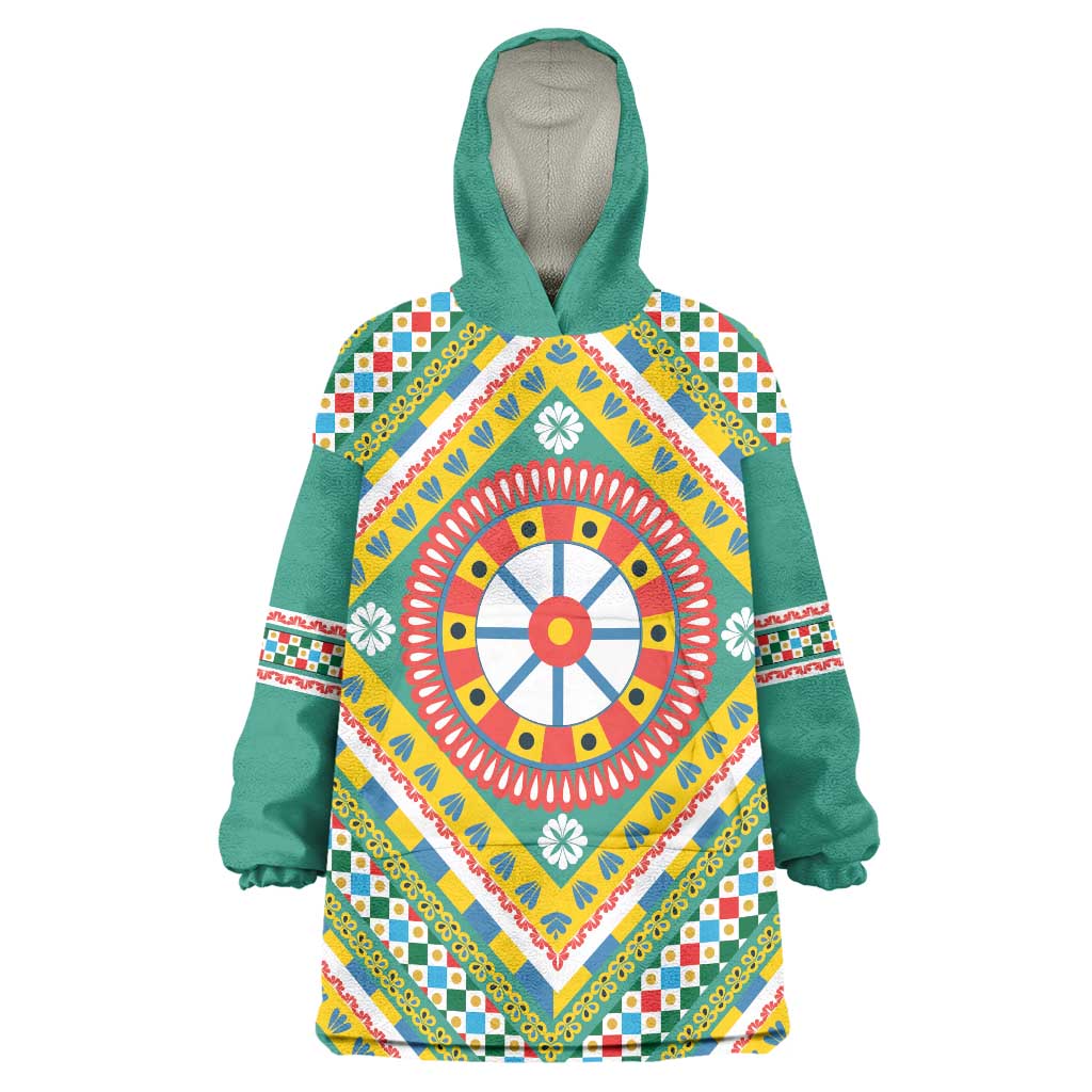Sicily Italy Carretto Siciliano Wearable Blanket Hoodie Green Sicilian Cart Wheel Pattern