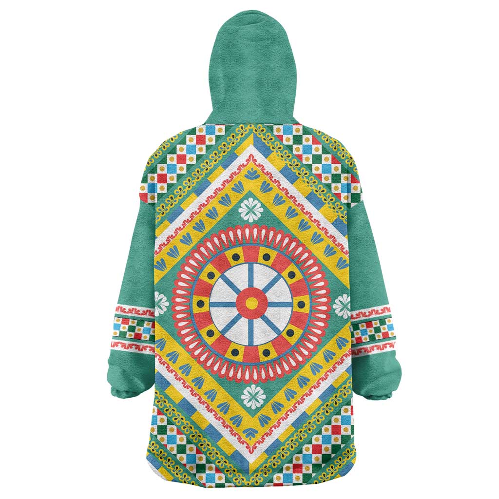 Sicily Italy Carretto Siciliano Wearable Blanket Hoodie Green Sicilian Cart Wheel Pattern