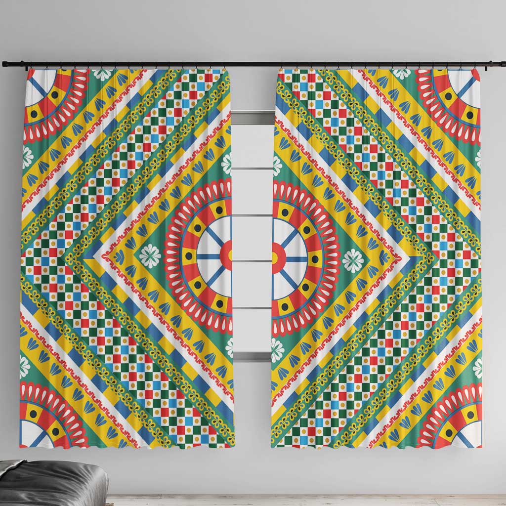 Sicily Italy Carretto Siciliano Window Curtain Green Sicilian Cart Wheel Pattern