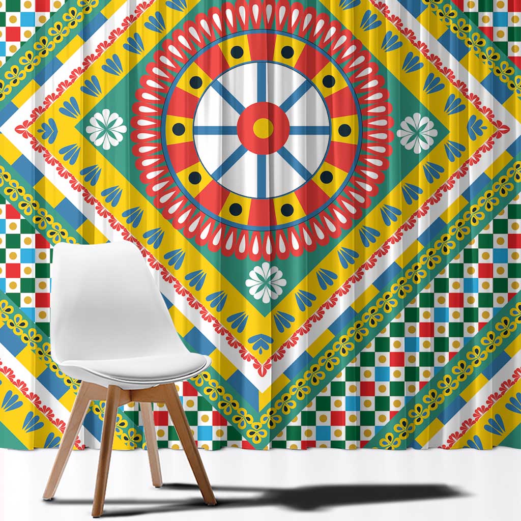 Sicily Italy Carretto Siciliano Window Curtain Green Sicilian Cart Wheel Pattern