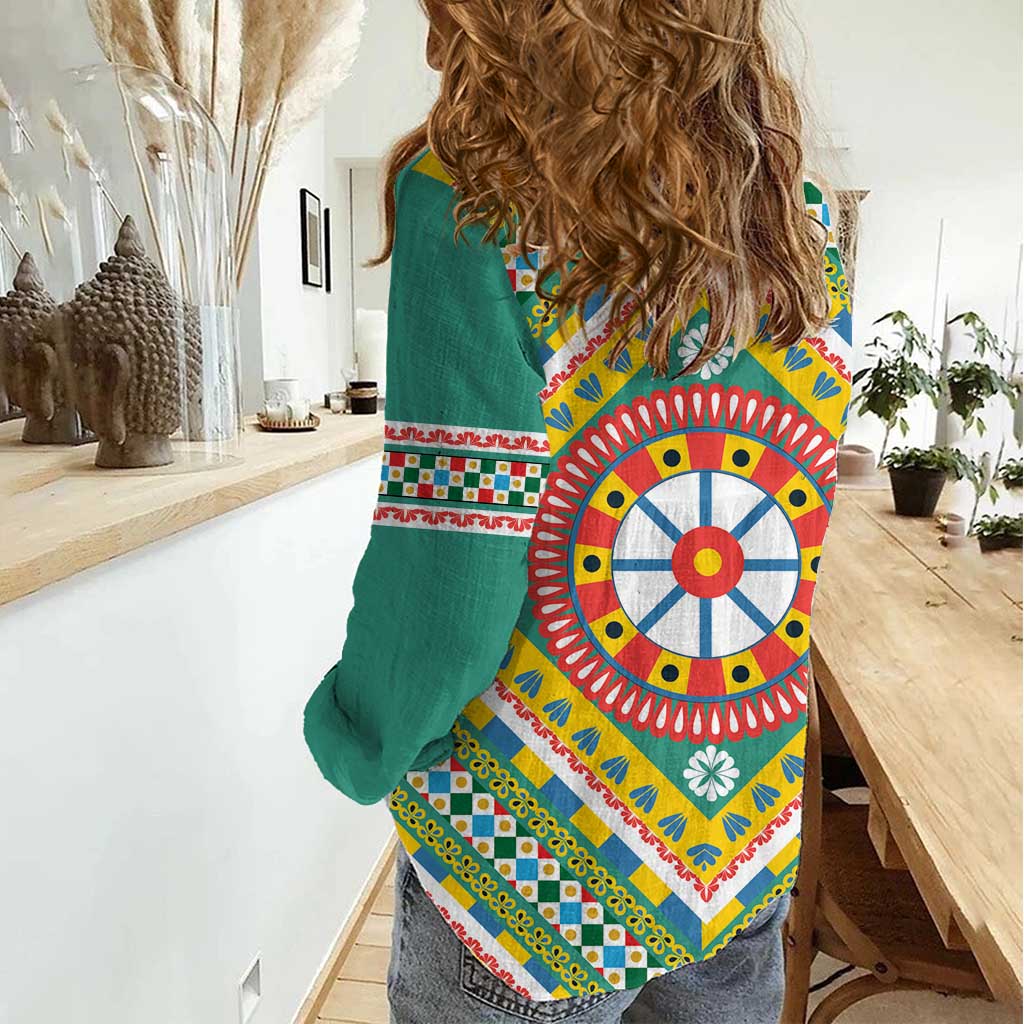 Sicily Italy Carretto Siciliano Women Casual Shirt Green Sicilian Cart Wheel Pattern