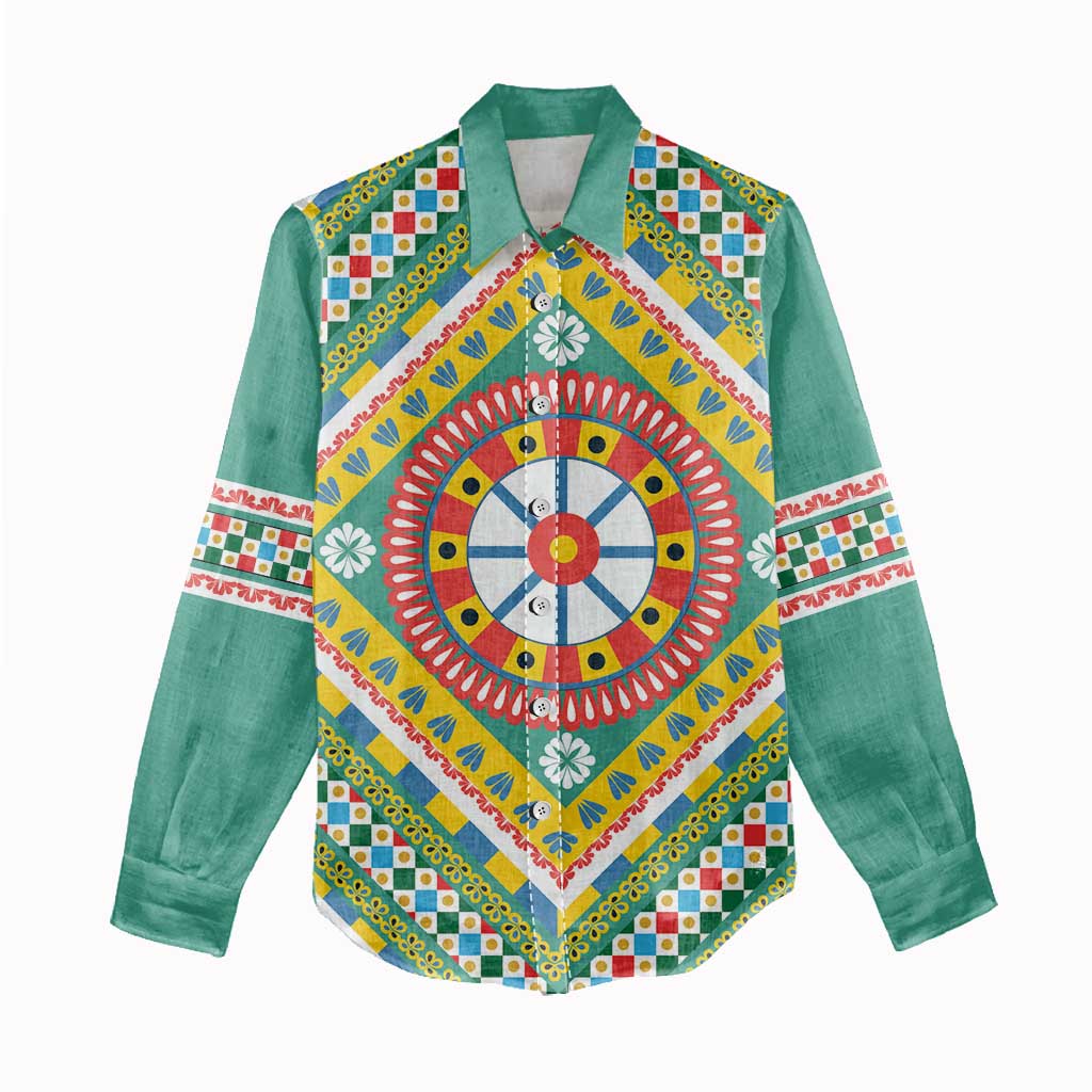Sicily Italy Carretto Siciliano Women Casual Shirt Green Sicilian Cart Wheel Pattern