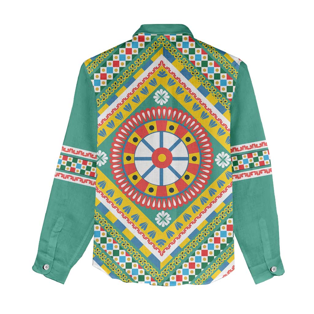 Sicily Italy Carretto Siciliano Women Casual Shirt Green Sicilian Cart Wheel Pattern