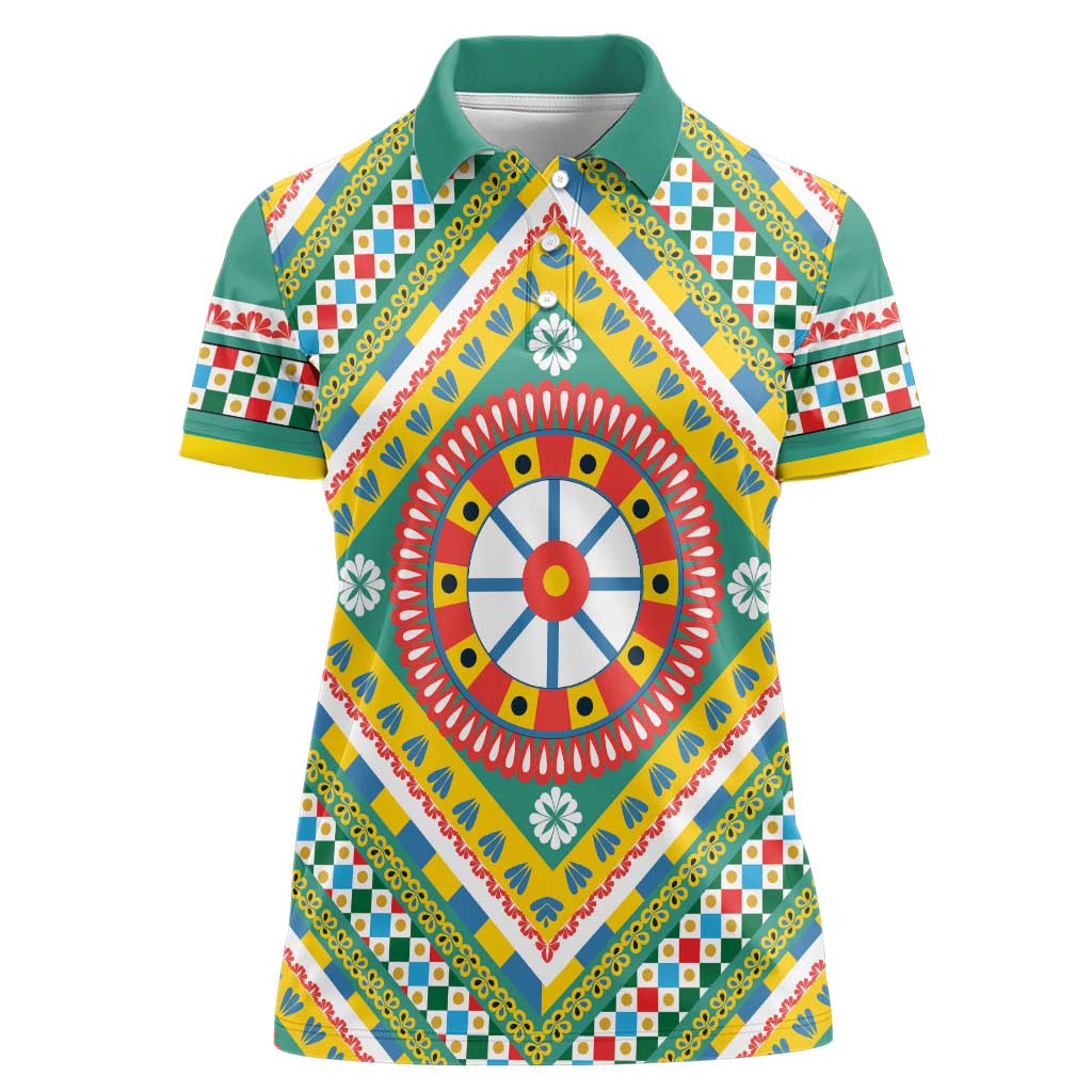 Sicily Italy Carretto Siciliano Women Polo Shirt Green Sicilian Cart Wheel Pattern