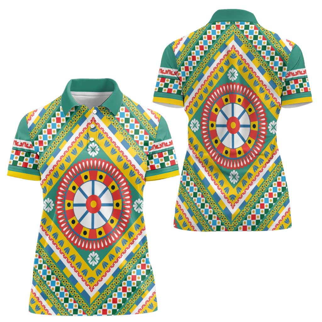 Sicily Italy Carretto Siciliano Women Polo Shirt Green Sicilian Cart Wheel Pattern