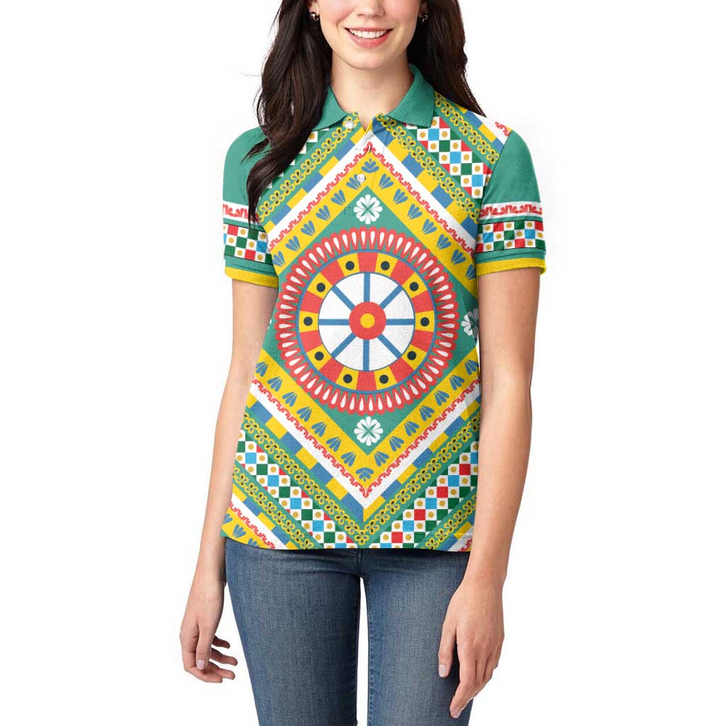 Sicily Italy Carretto Siciliano Women Polo Shirt Green Sicilian Cart Wheel Pattern