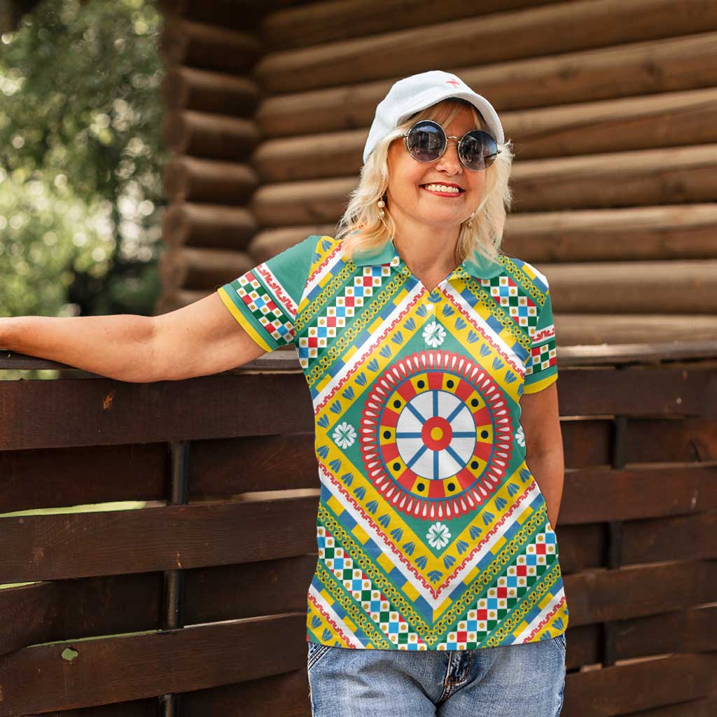 Sicily Italy Carretto Siciliano Women Polo Shirt Green Sicilian Cart Wheel Pattern