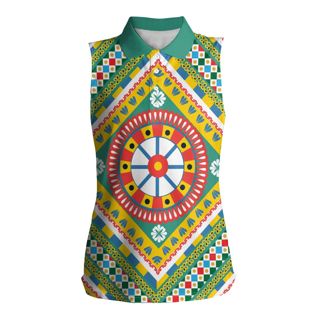 Sicily Italy Carretto Siciliano Women Sleeveless Polo Shirt Green Sicilian Cart Wheel Pattern