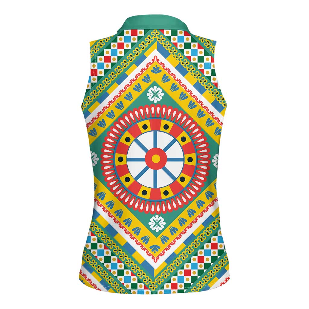 Sicily Italy Carretto Siciliano Women Sleeveless Polo Shirt Green Sicilian Cart Wheel Pattern
