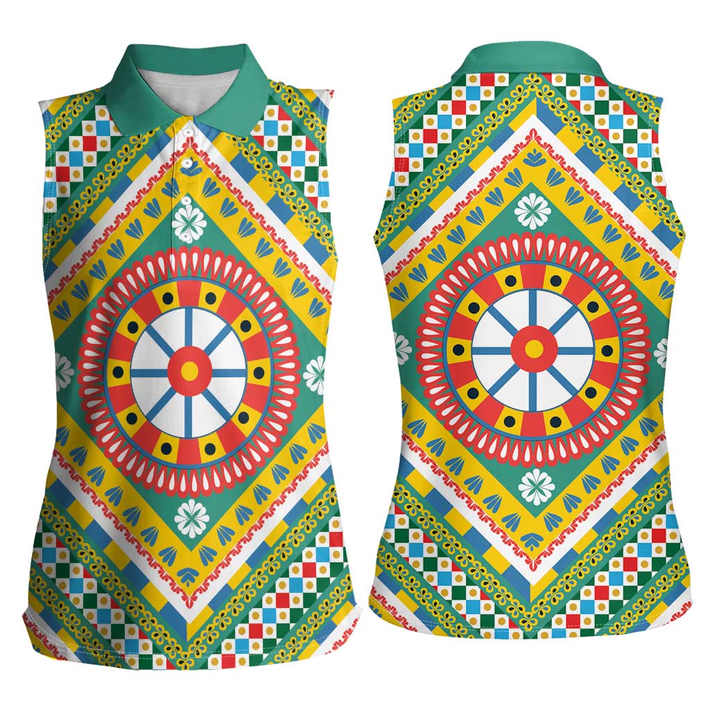 Sicily Italy Carretto Siciliano Women Sleeveless Polo Shirt Green Sicilian Cart Wheel Pattern