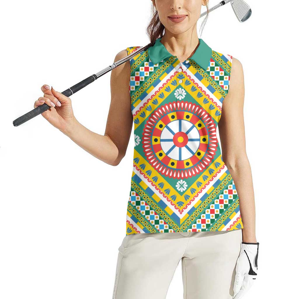 Sicily Italy Carretto Siciliano Women Sleeveless Polo Shirt Green Sicilian Cart Wheel Pattern